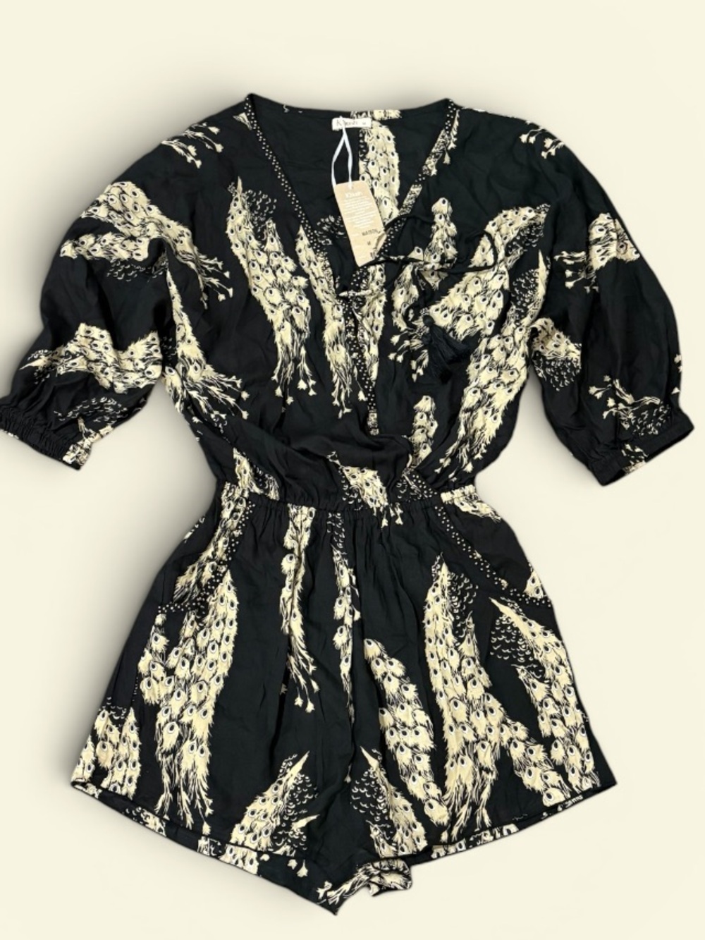 NWT KHUSH Maison Romper Black Beige Peacock Print Beaded Tassel Boho - Medium